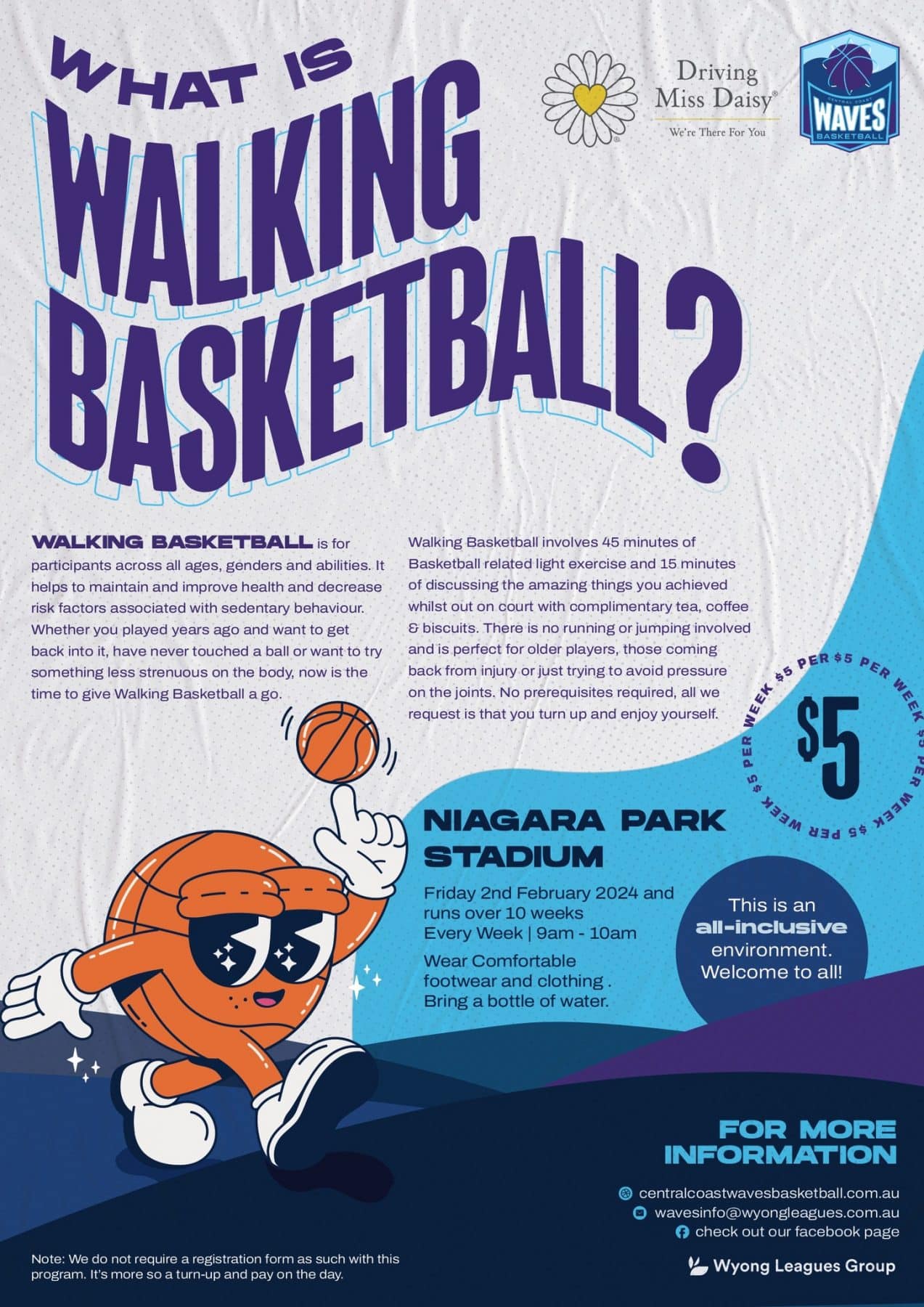 Coasties of all ages, genders and abilities who love basketball, but prefer to steer clear of running or jumping, are encouraged to give walking basketball a go with Central Coast Waves Basketball at 9am on Fridays at Niagara Park Stadium.