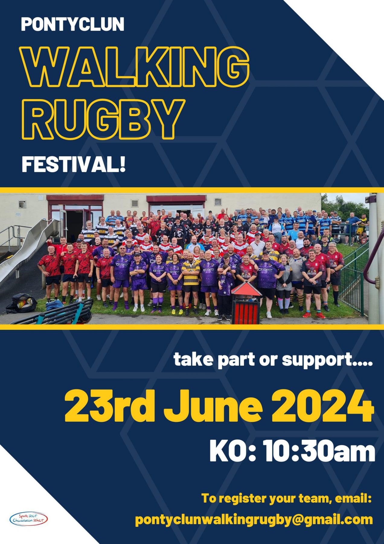 Pontyclun Walking Rugby Festival – take part or support…
23rd June 2024 KO: 10.30am
To register your team, email pontyclunwalkingrugby@gmail.com