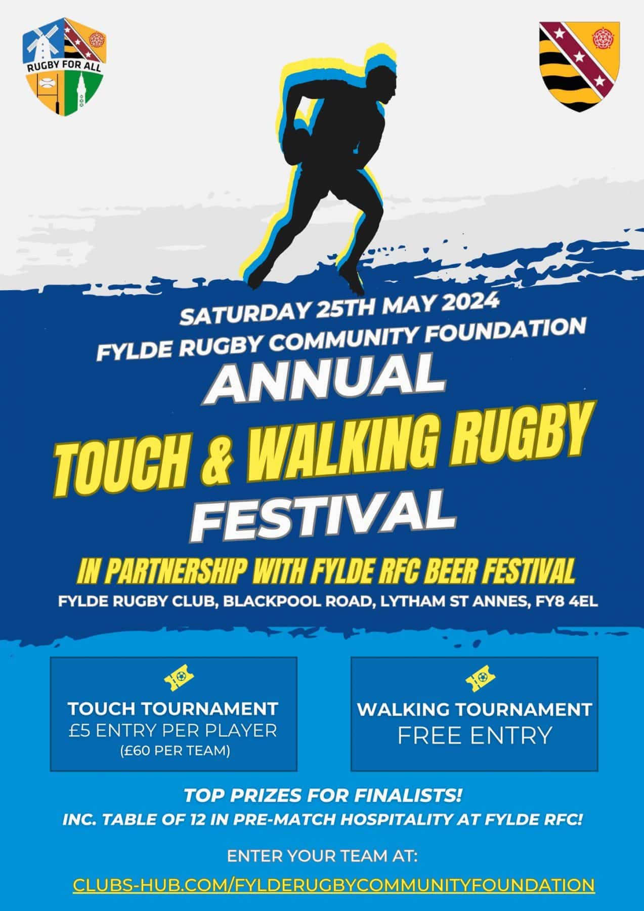 Get ready for an incredible day of Touch & Walking Rugby Tournaments at our highly anticipated Annual Touch & Walking Rugby Festival 2024
Join us on Saturday 25th May 2024 at Fylde Rugby