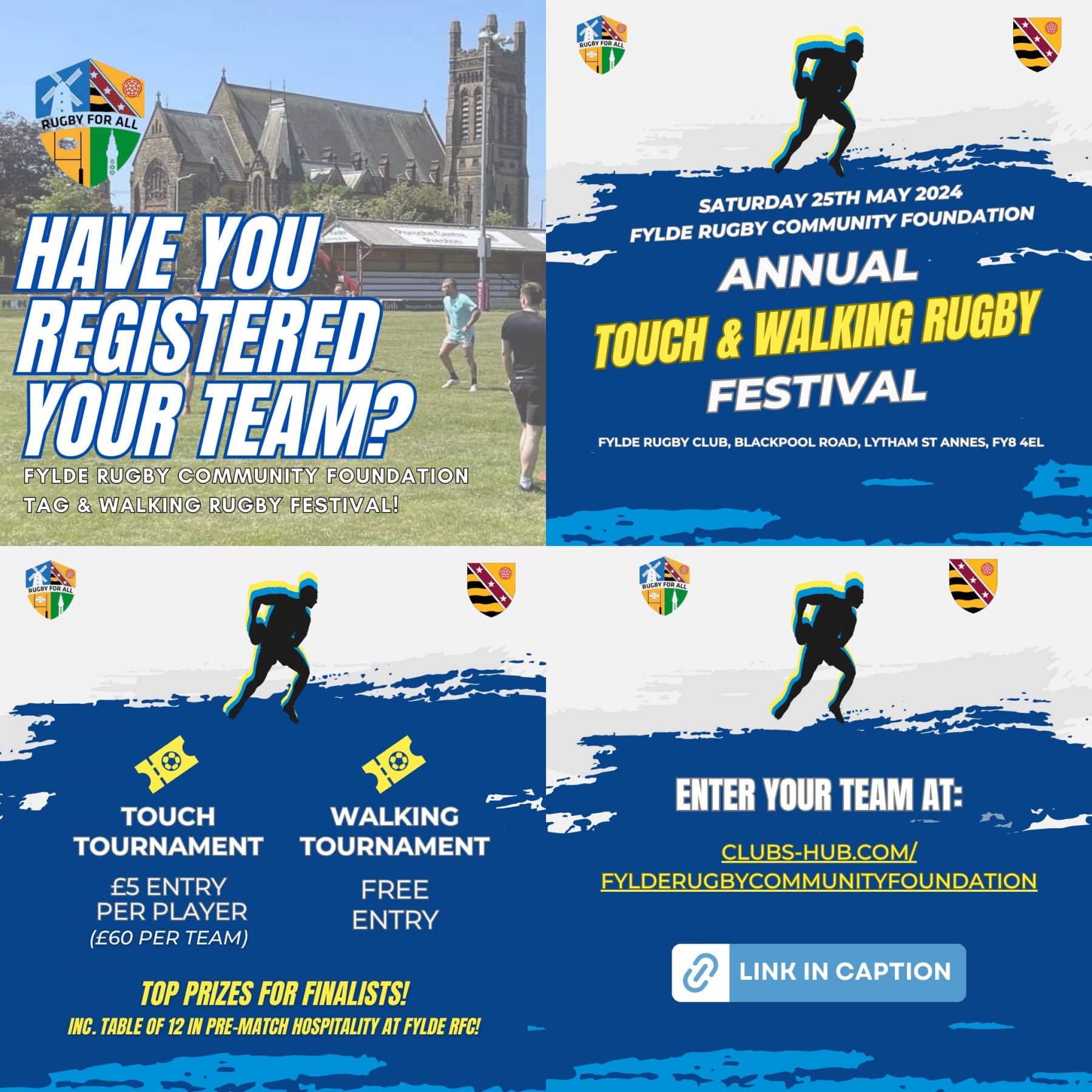 Join us for a thrilling day of Rugby in collaboration with the Fylde RFC Beer Festival!
This is your chance to compete against other teams in a fun and welcoming environment.
NEW TO THIS YEAR - Over 50's Walking Rugby Category
Contact amelia@fylderugbyfoundation.com to enter your Walking Rugby team
Everyone is welcome to join in the fun. So come and join us for a day of rugby, beer, and camaraderie at the Fylde RFC Beer Festival Touch Rugby Tournament!