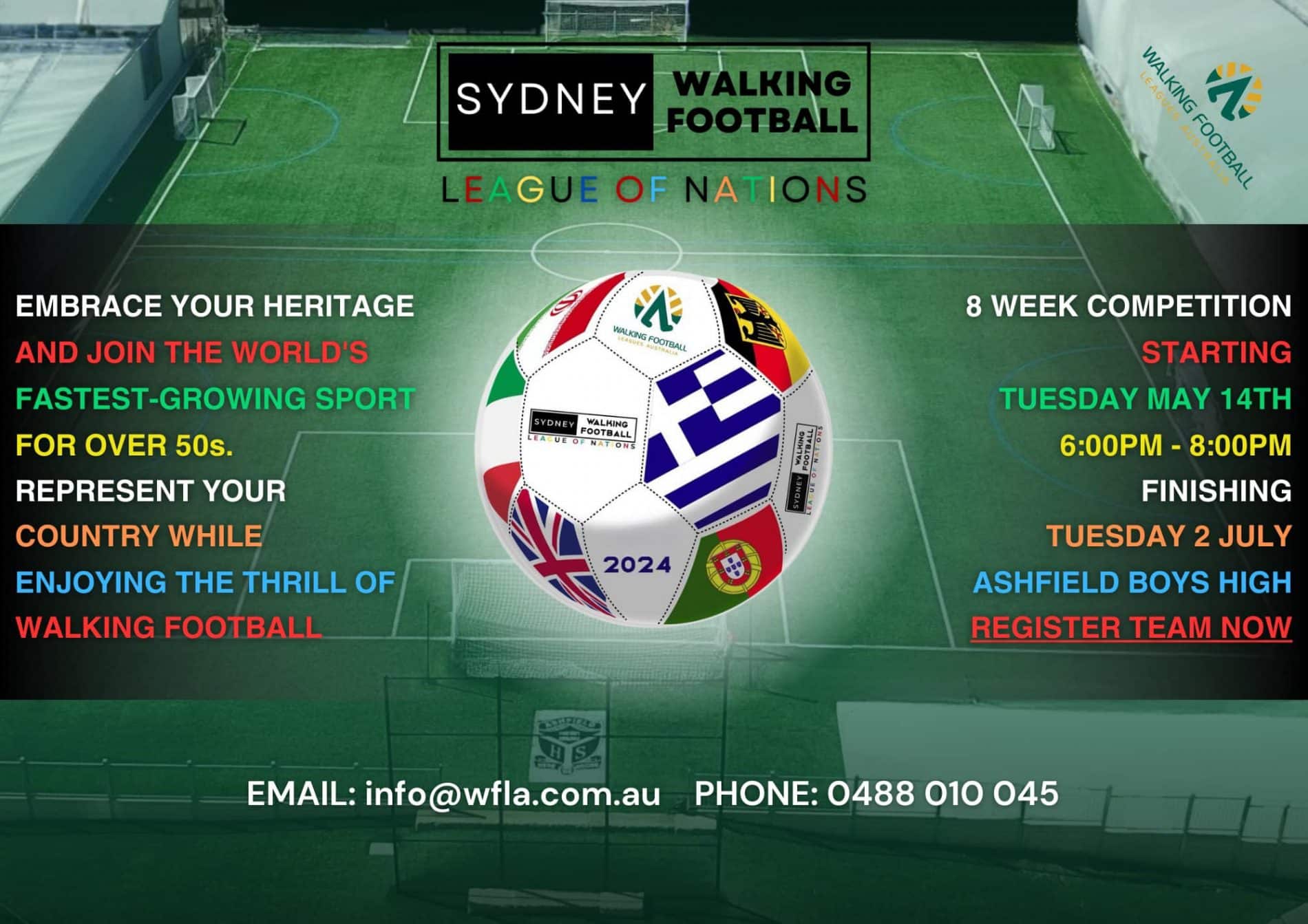 Walking Football Leagues Australia: We're thrilled to announce the inaugural competitive walking football “League of Nations,” over 50’s competition launching in Sydney. Teams, representing their respective countries of heritage, will compete every Tuesday night at Ashfield Boys High in the inner west, starting at 6pm on the 14th of May.