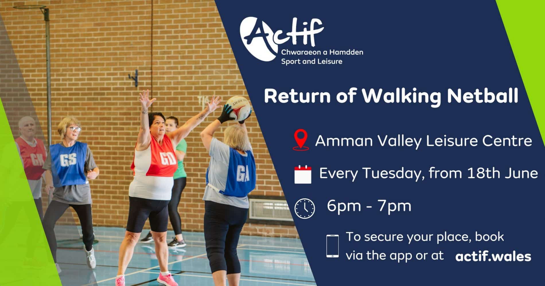 Walking Netball is back at Amman Valley Leisure Centre in less than two weeks
Come and join us for some fun and get active, whether you’re a newbie or want to get back into Netball at a slower pace
Sessions are starting weekly from Tuesday 18th June Between 18:00-19:00