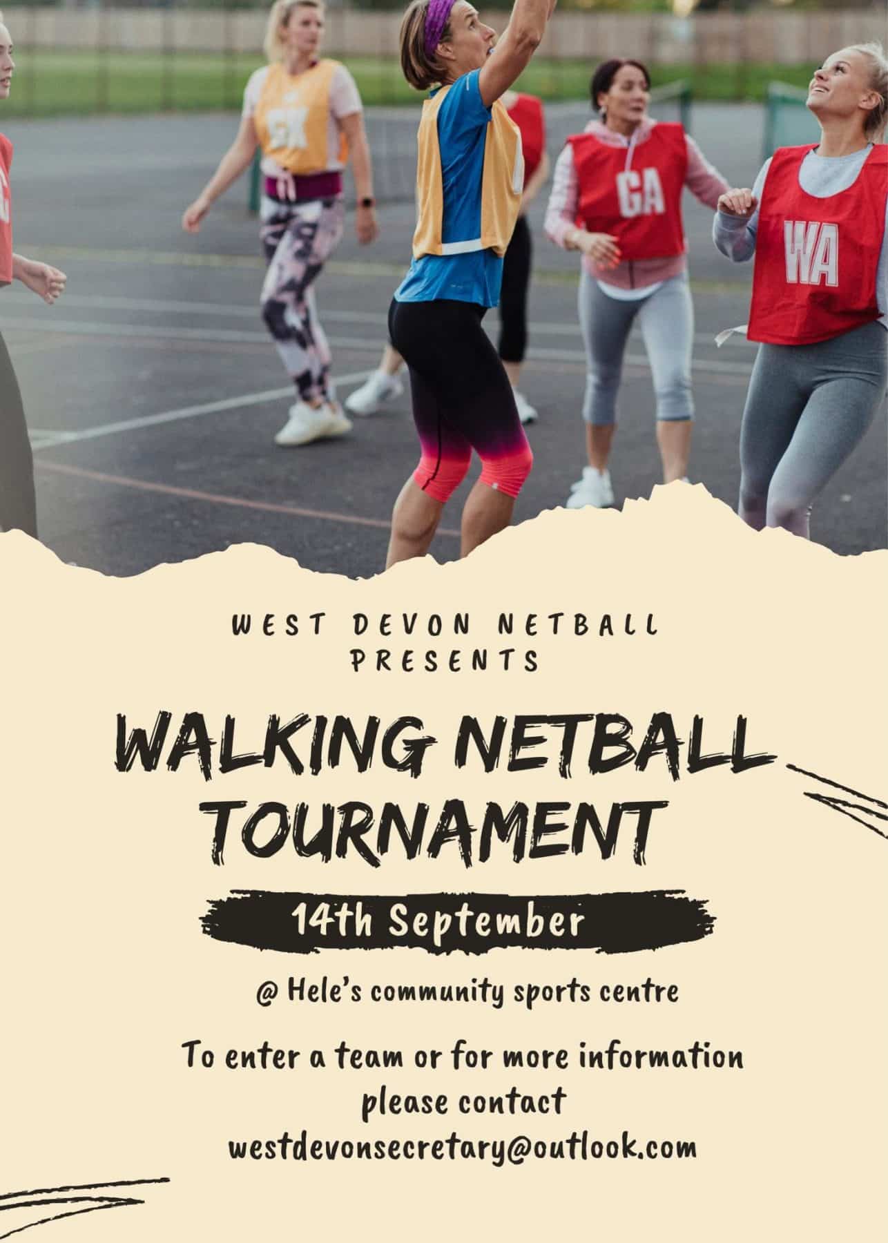 West Devon Netball presents 1st Walking Netball Tournament in Plymouth - 14th September at Hele’s Community Sports Centre
To enter a team or for more information please contact westdevonsecretary@outlook.com