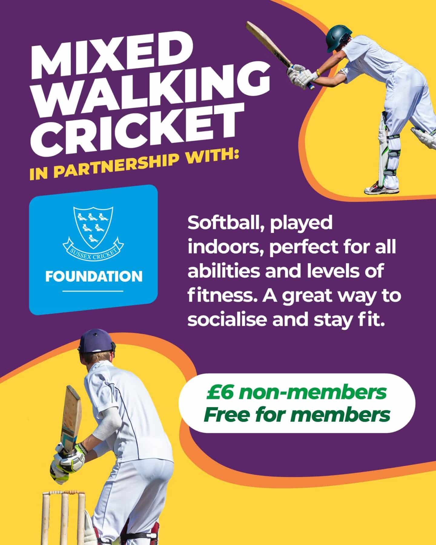 Storrington Walking Cricket - Walking Cricket sessions take place every Thursday from 12:30pm to 1:30pm and are free throughout October; after which they will remain free for members and cost £6 per session for non-members.
Details of all Walking Cricket clubs in Sussex here: https://sussexcricket.co.uk/sussex-cricket-foundation/walking-cricket
