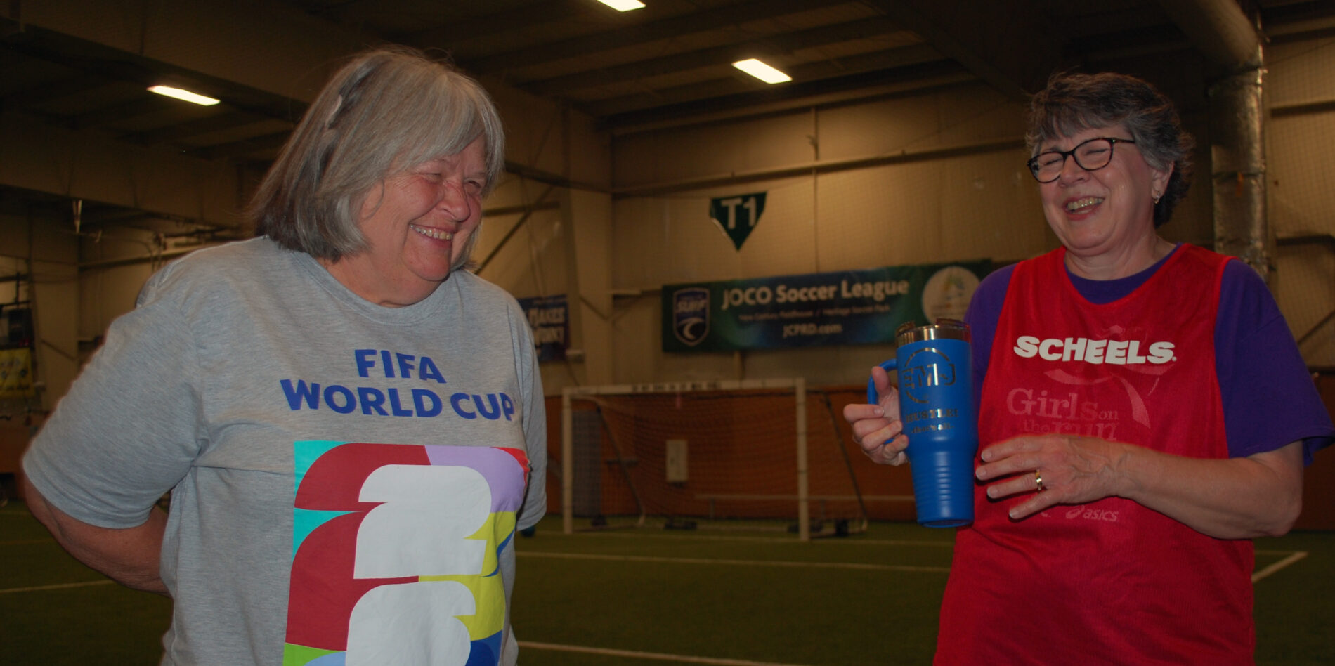 Six months ago, the two neighbors began attending weekly, and now they try not to miss a week. To keep their stamina high and get their steps in, the two meet in the mornings at that same fieldhouse to walk around the soccer pitch. For Young, the padding of the artificial turf is easier on her back than a concrete sidewalk.