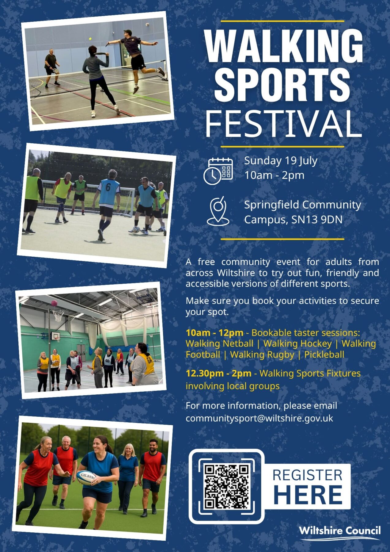 Nearly 100 people attended this year's Wiltshire Walking Sports Festival at Springfield Community Campus, enjoying the opportunity to try a range of activities designed to help people stay active, improve their wellbeing and connect with others in their local community.
The festival featured a series of taster sessions in walking football, walking hockey, walking rugby, walking netball and pickleball, giving residents the chance to experience different sports in a welcoming and supportive environment. Attendees were also able to find out more about local clubs and groups, helping them continue participating beyond the event.